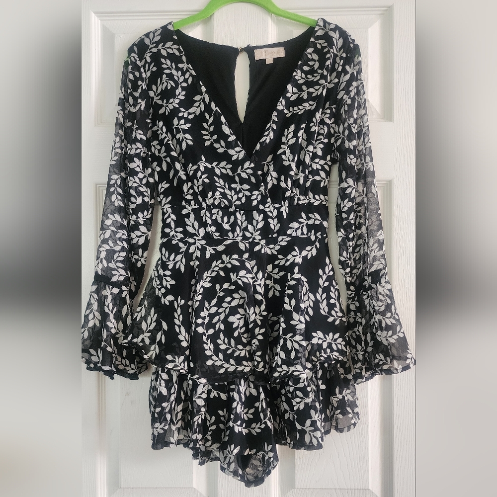Black And White Leaf Print Romper